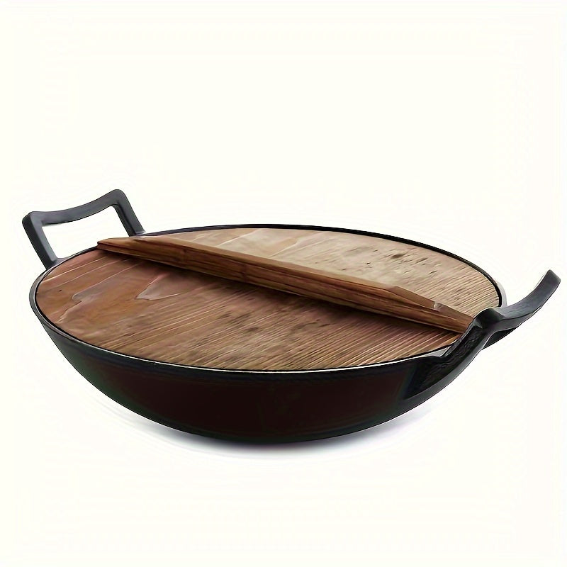 12.60-Inch Uncoated Cast Iron Wok with Wooden Lid Double Handle for Kitchen Use