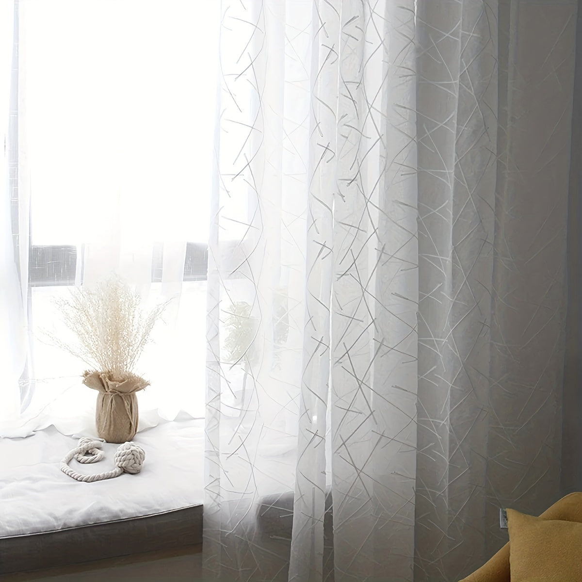 White Sheer Curtain with Geometric Design for Living Room and Bedroom