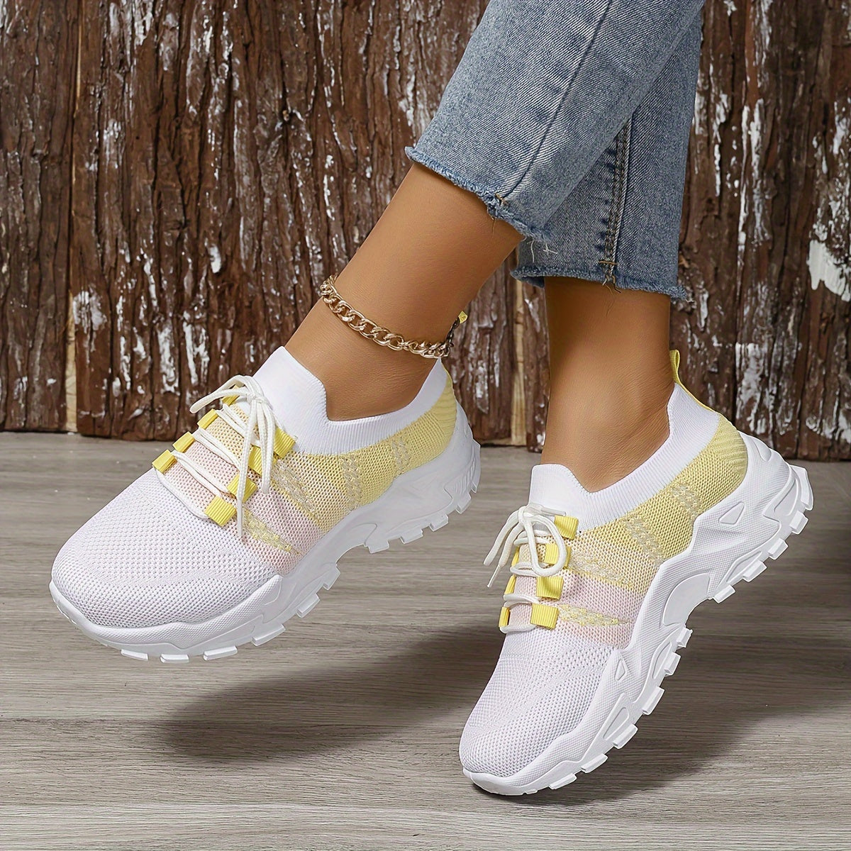 Ayollar uchun nafas oladigan knit platform sport poyafzallari, kundalik lenta bilan bog‘lanadigan tashqi poyafzallar