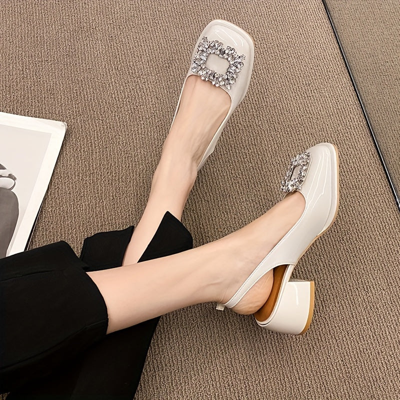 Women's Chunky Low Heel Sandals with Rhinestone Buckle Square Toe and Slingback Strap