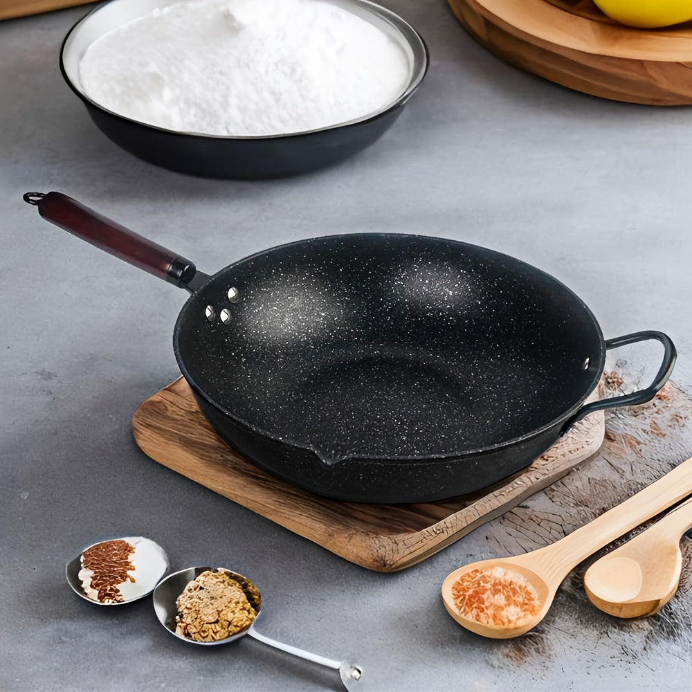 Cast Iron Wok 12.5 Inch with Stone Coating Non-Stick Dual Handles Suitable for Gas Electric Oven Induction