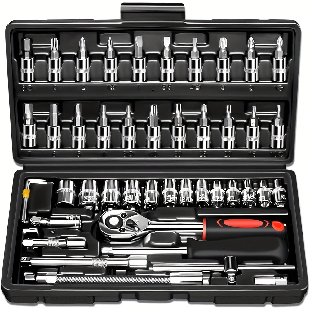 46-Piece Professional Tool Set with Ratchet Wrench Screwdriver Extension for Car Repair