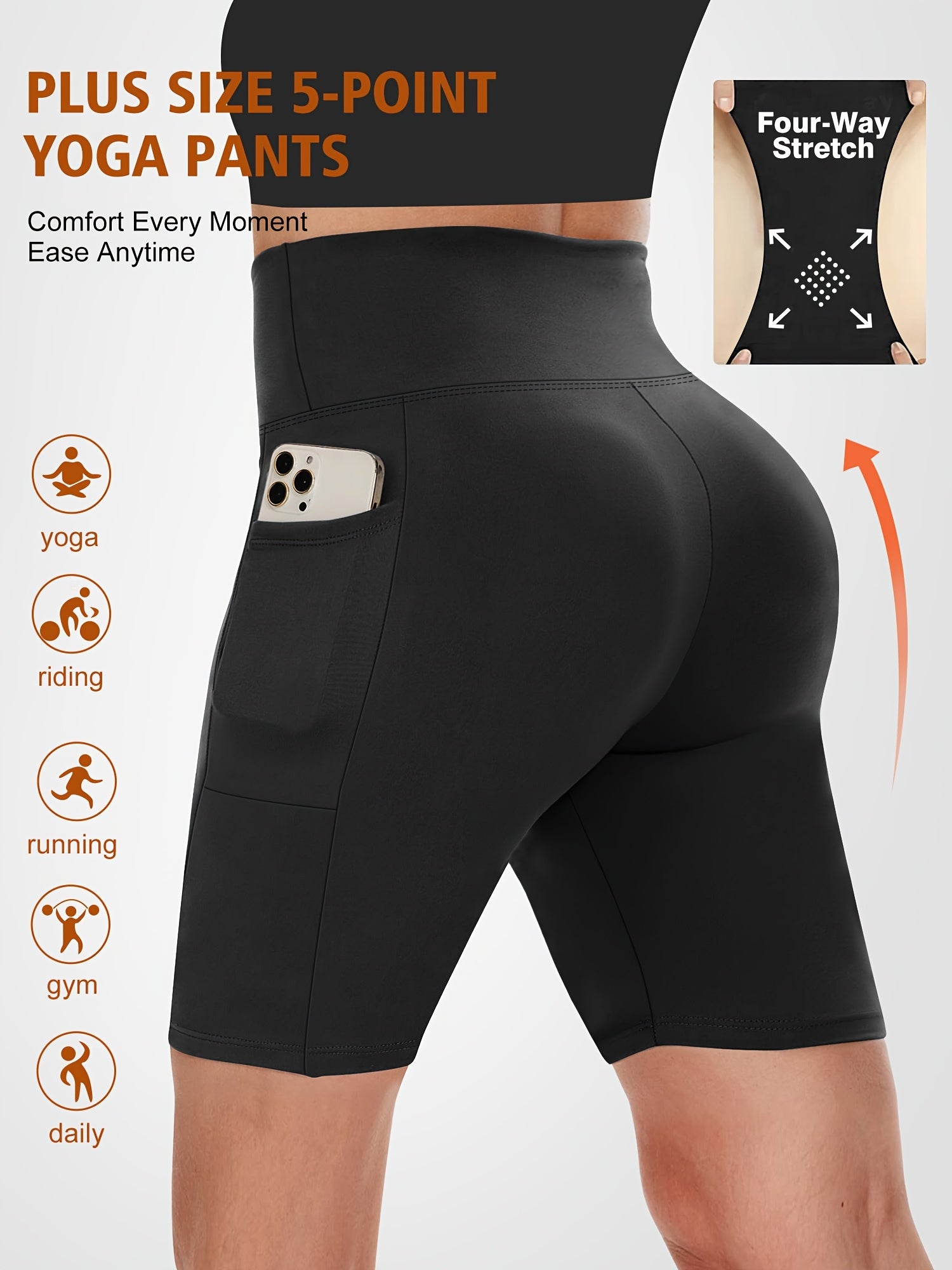 Ayollar uchun keng hajmli yuqori belli shortlar, cho'ntaklar bilan, sportli kompressiya, qora