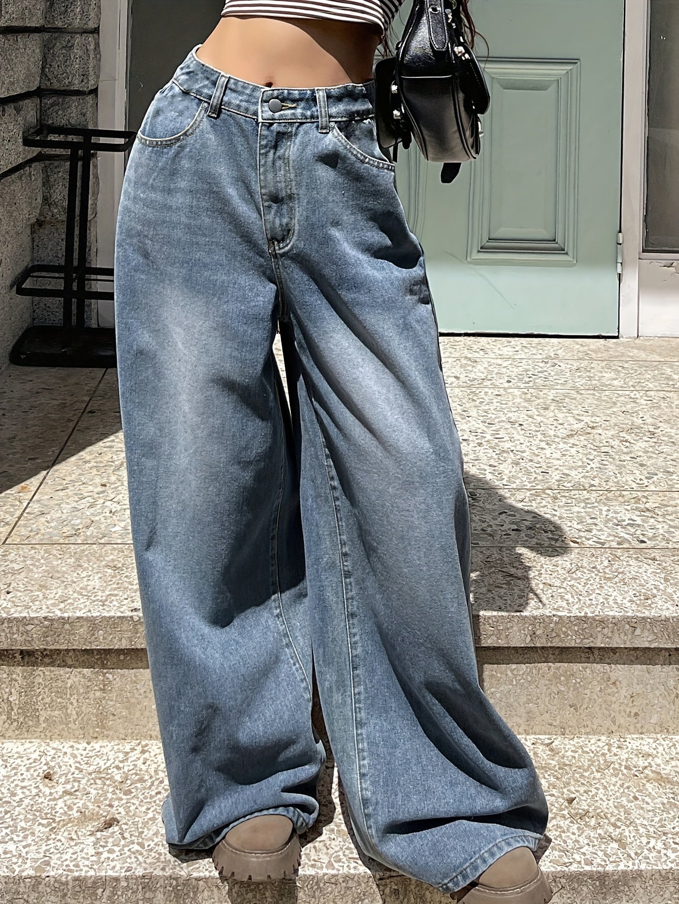 Water Washed Blue Wide Leg Jeans for Women Casual Autumn Denim
