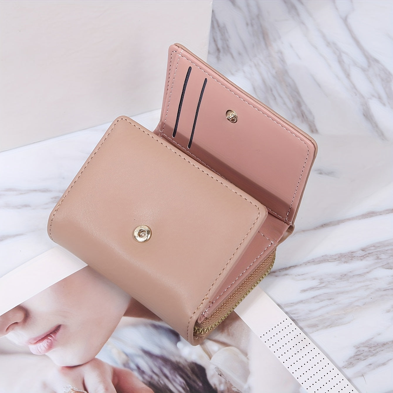 Men's Black PU Tri-Fold Wallet with Card Slots and Buckle