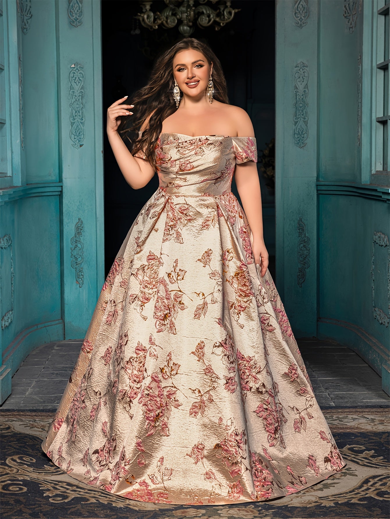 Plus Size Off-Shoulder Formal Evening Gown Floral Print Mermaid Bridal Dress