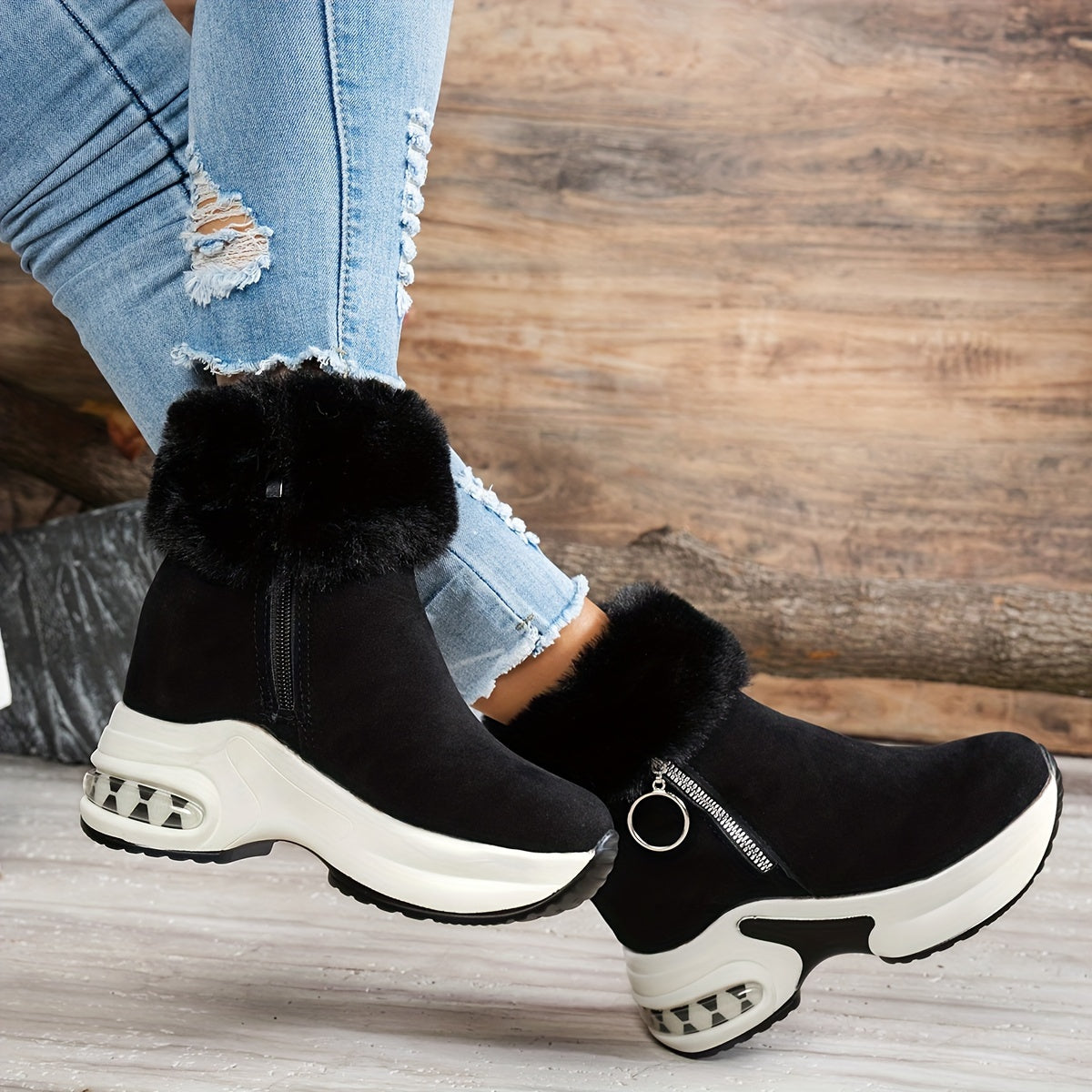 Women's Winter Plush-Lined Platform Ankle Boots with Thick Sole