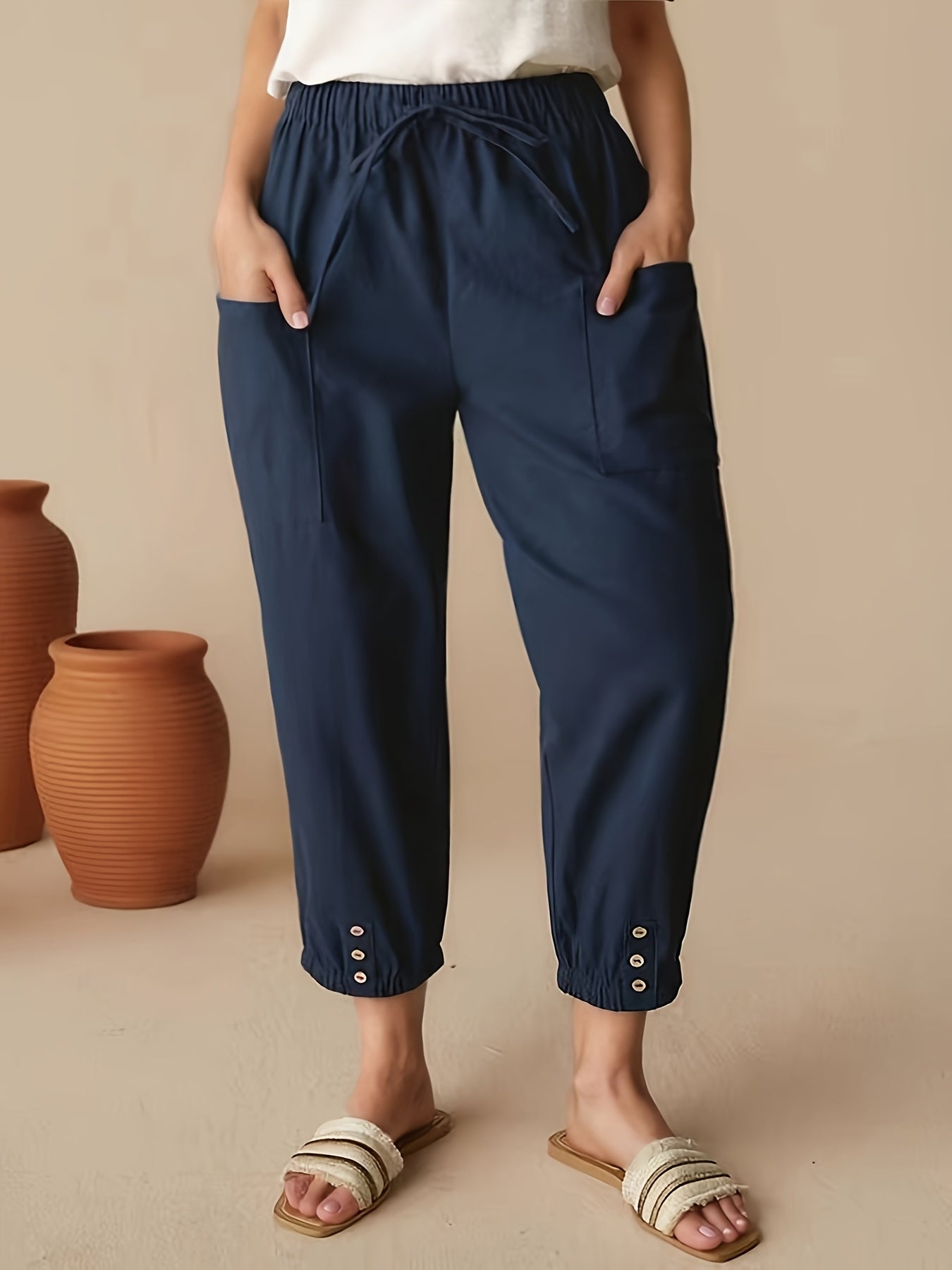 Women's High-Waist Cropped Casual Pants with Pockets Navy Blue