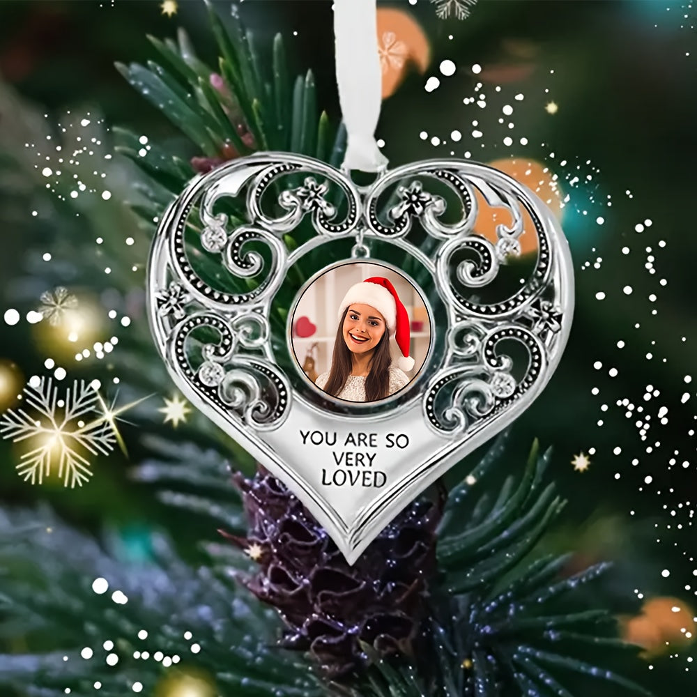 Stainless Steel Heart-Shaped Christmas Ornament with Custom Photo and Angel Wings