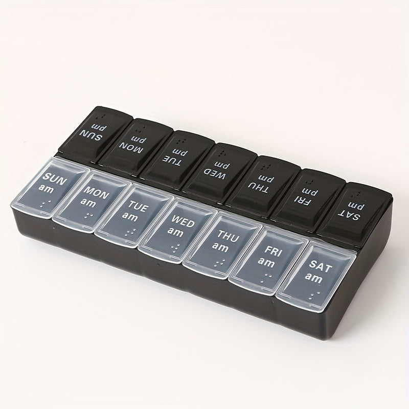 Компактный органайзер для таблеток с 14 отделениями и шрифтом Брайля для ежедневных витаминов и лекарств, черный и прозрачный