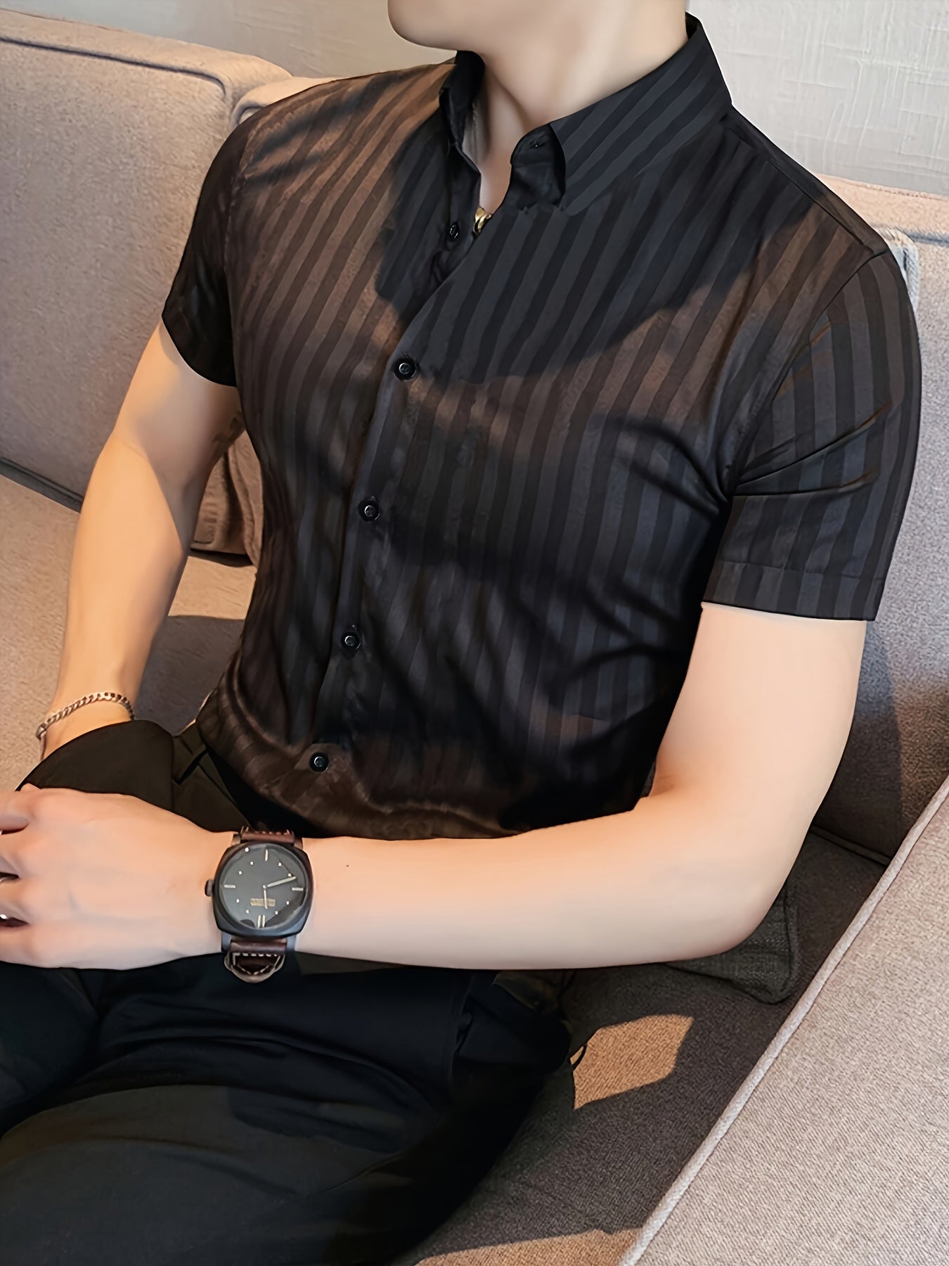 Men's Summer Striped Business Shirt Short Sleeve Regular Fit Polyester Elastane Lightweight Workwear