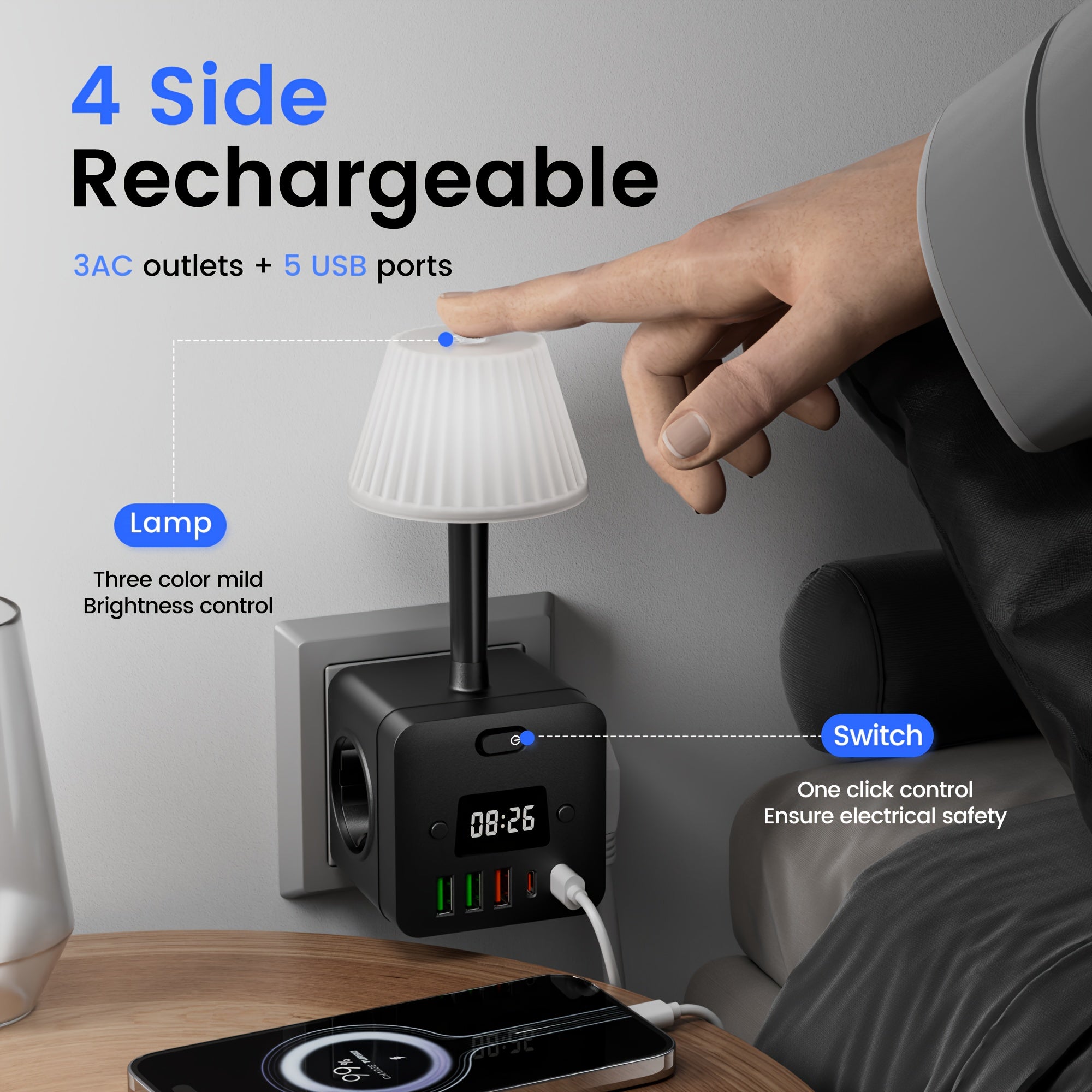 Black Digital Alarm Clock with Surge Protector USB-C Chargers and AC Outlets