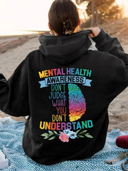 Plus Size Women's Mental Health Awareness Hoodie Cozy Polyester Drawstring Pullover