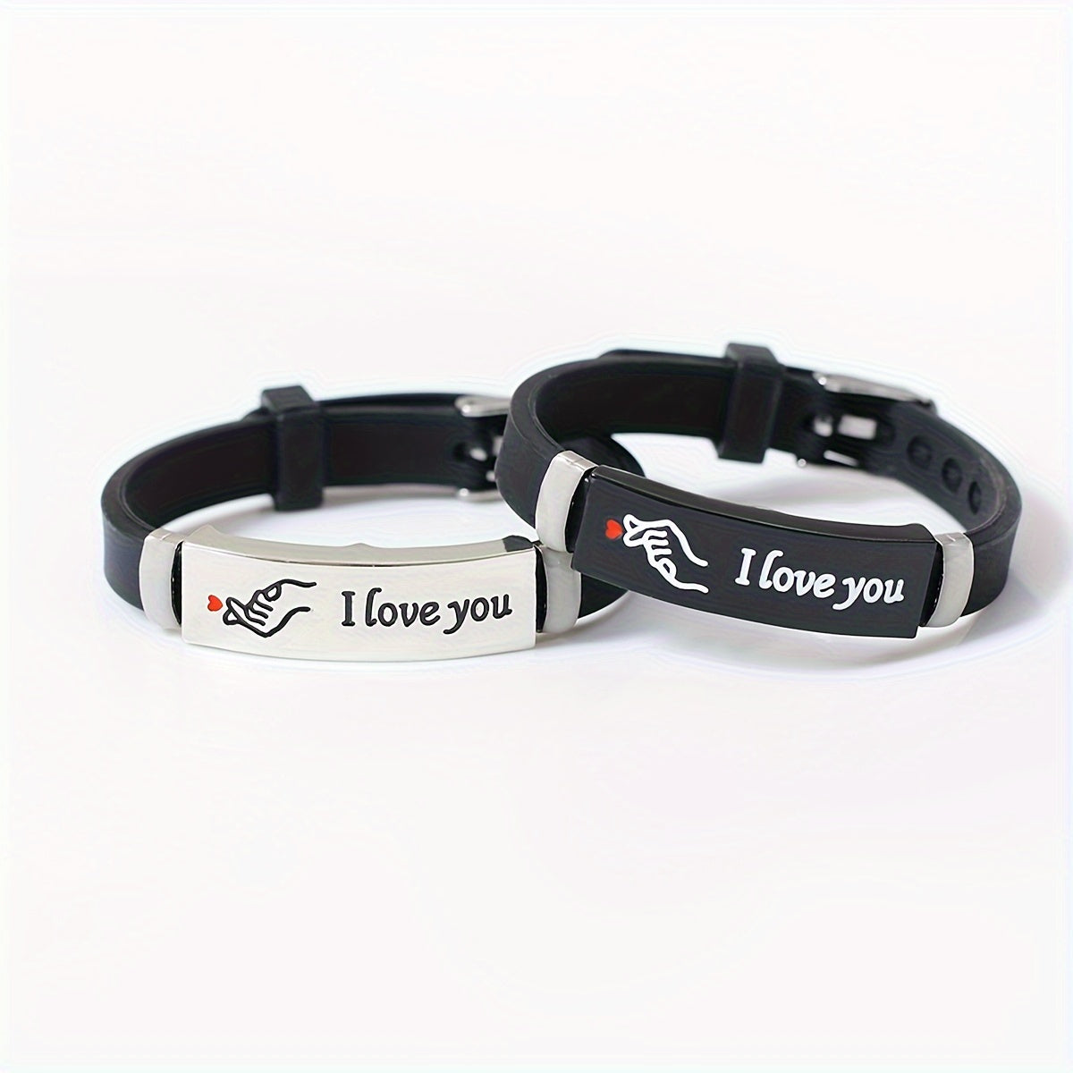 Pair of 2 Glow-in-the-Dark Silicone Couple Bracelets with Hand Heart Gesture