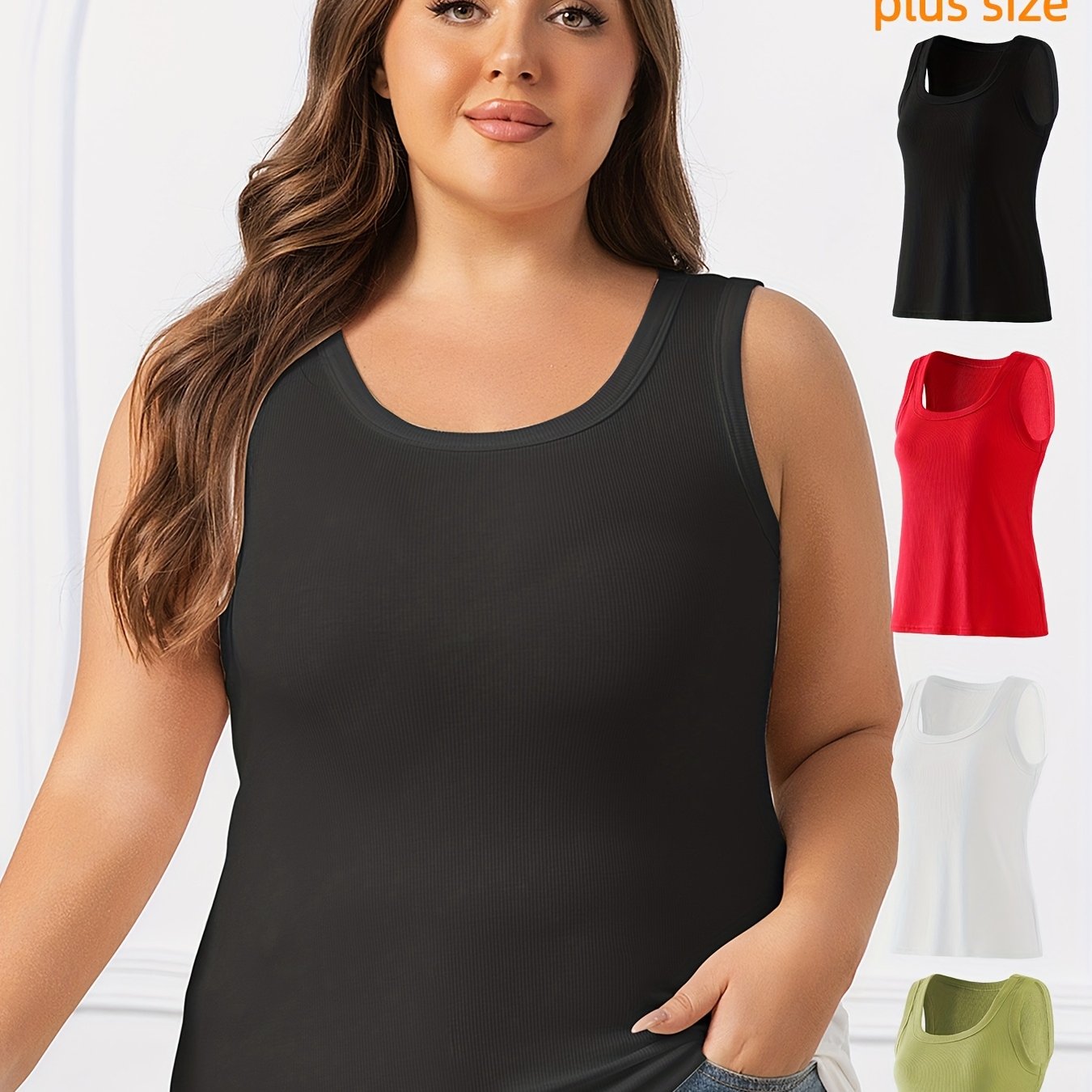 Women's Plus Size Sleeveless Tank Tops, Stretchy Loose Fit Casual Layering, Solid Colors