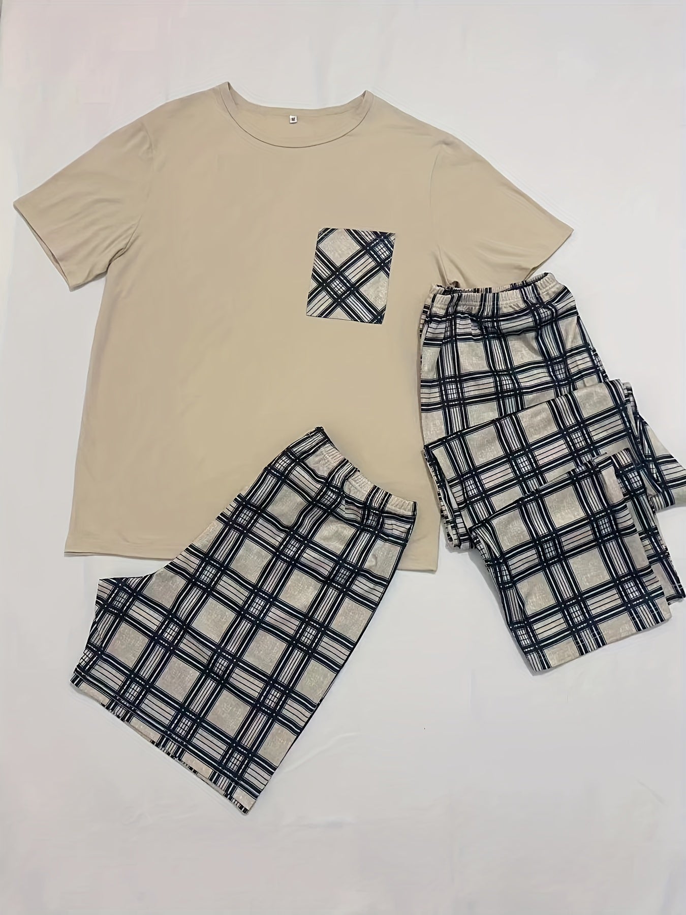 3-Piece Plaid Pajama Set Short Sleeve Crew Neck Top with Pocket Medium Stretch Polyester All-Season Comfort