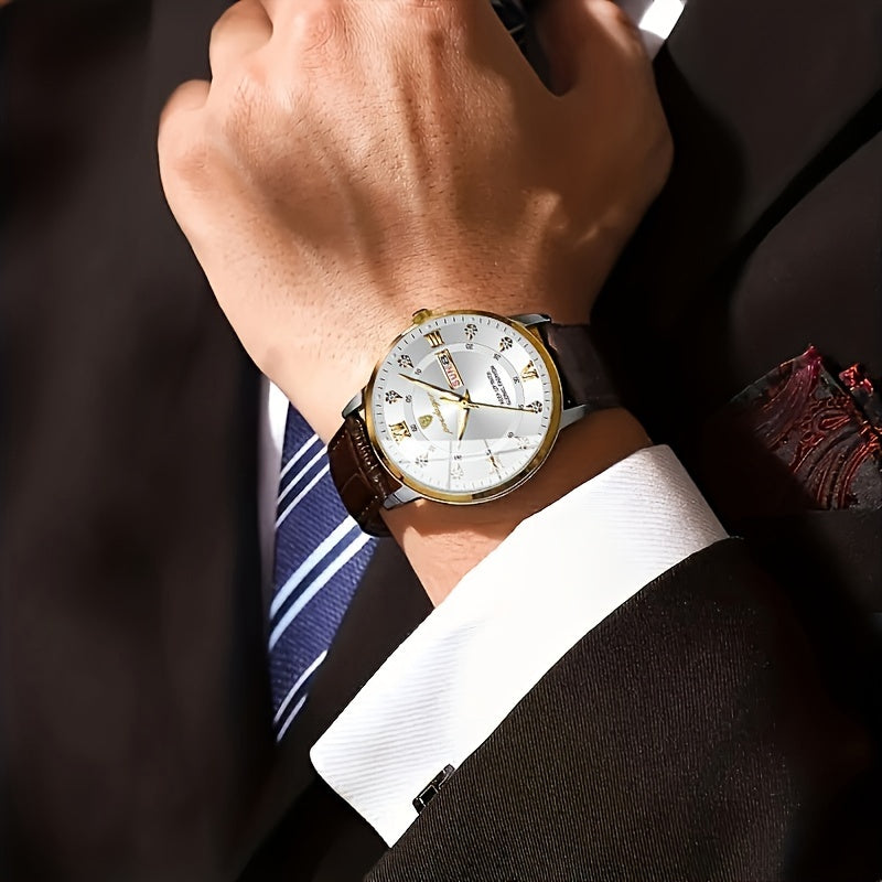 Reloj de pulsera de cuarzo para hombre, estilo casual de negocios, con fecha, agujas luminosas, caja de aleación y correa de cuero sintético