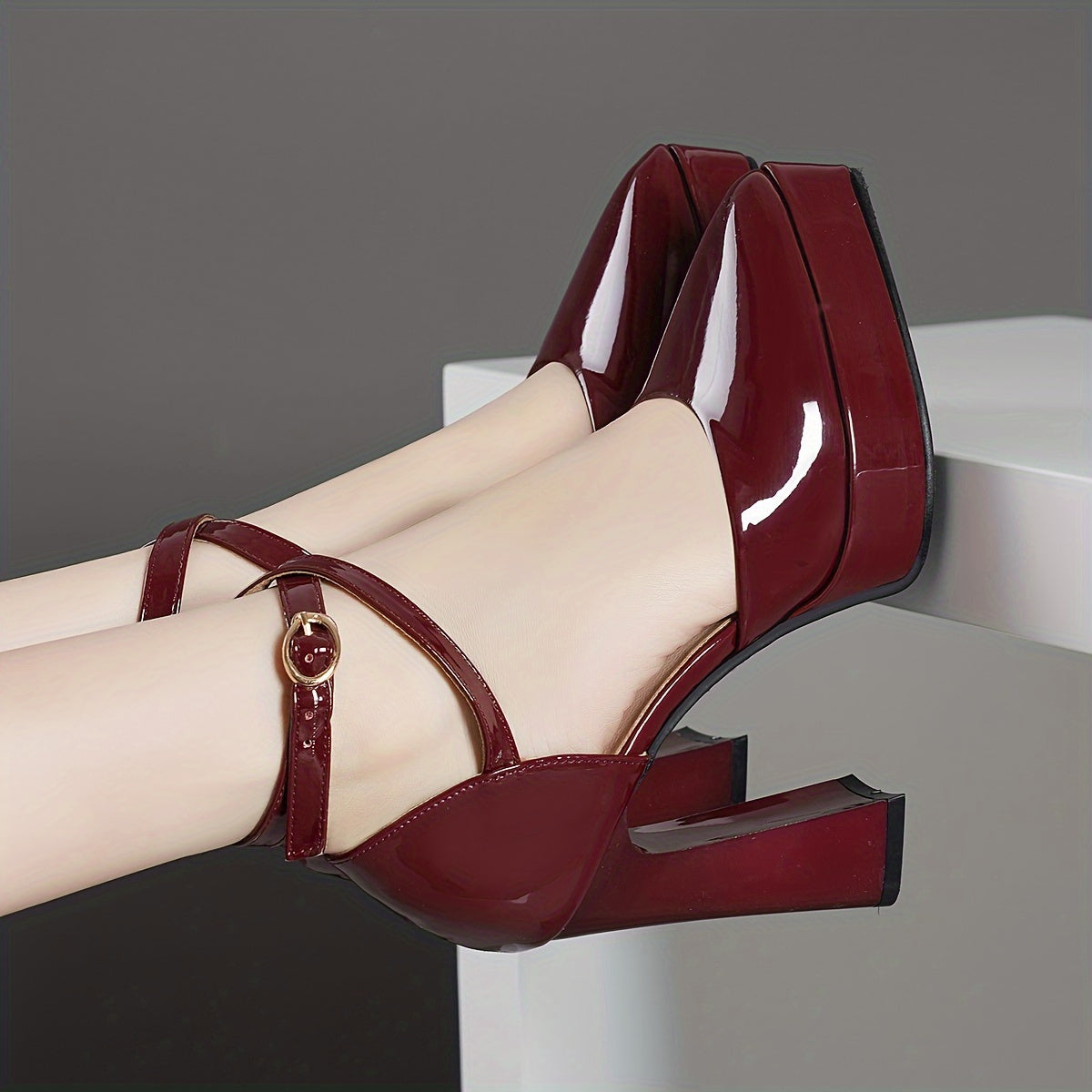 Women's Red Block Heel Pumps with Golden Buckle Strap for Fall High Heels