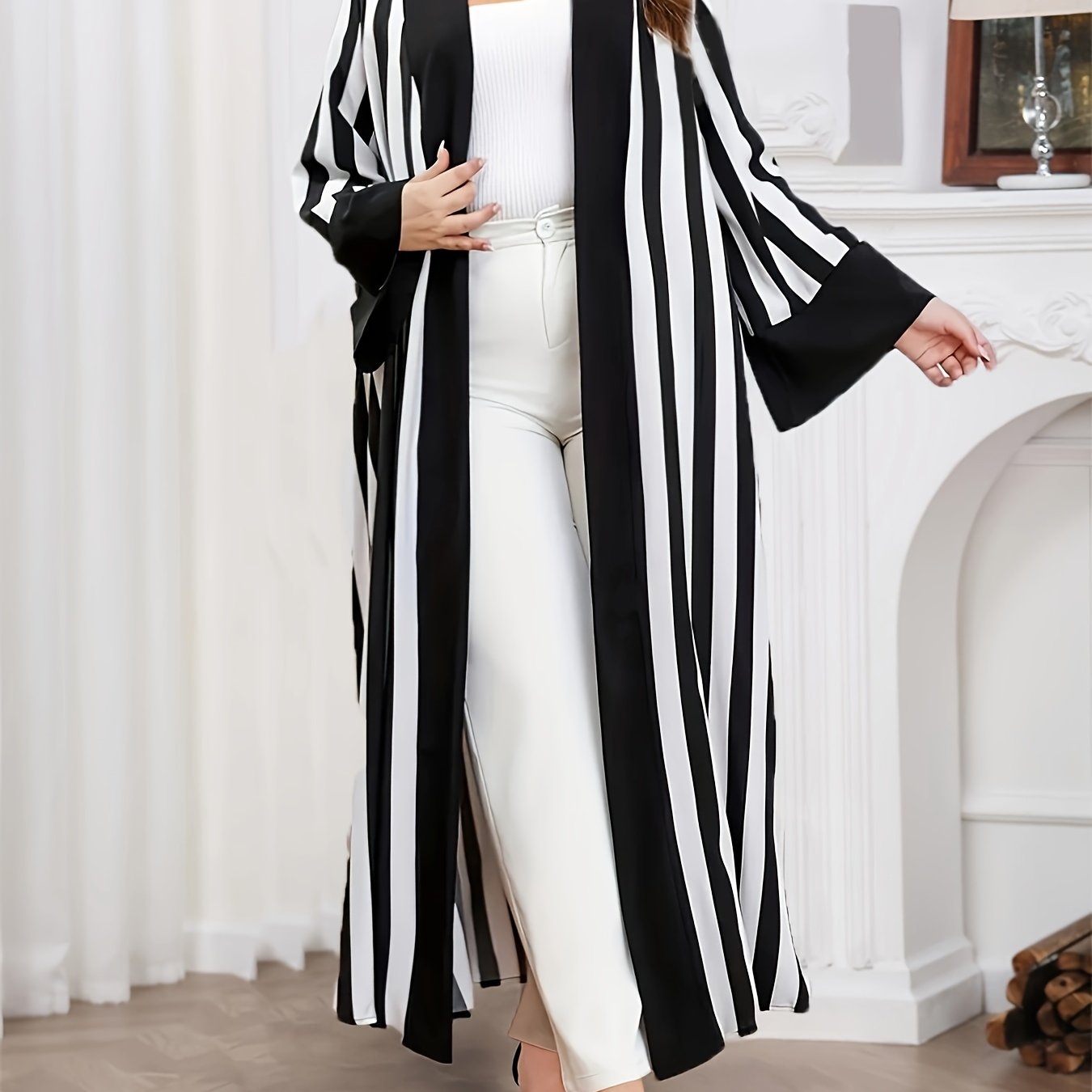 Plus Size Striped Long Sleeve Cardigan Lightweight Open Front