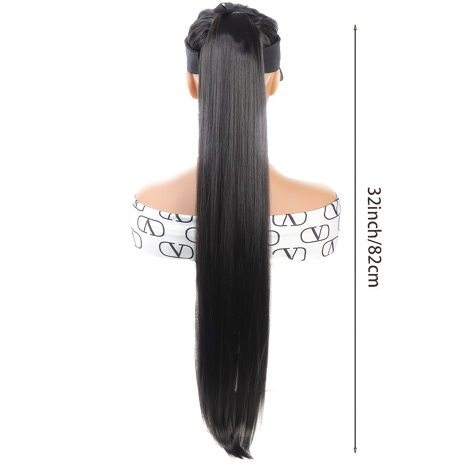 Women Black Synthetic Straight Ponytail Hair Extension 81.28cm Drawstring Style