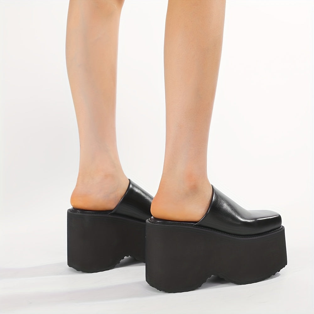Women Black Square Toe Platform Mules Slip-On Loafers with Thick Heels