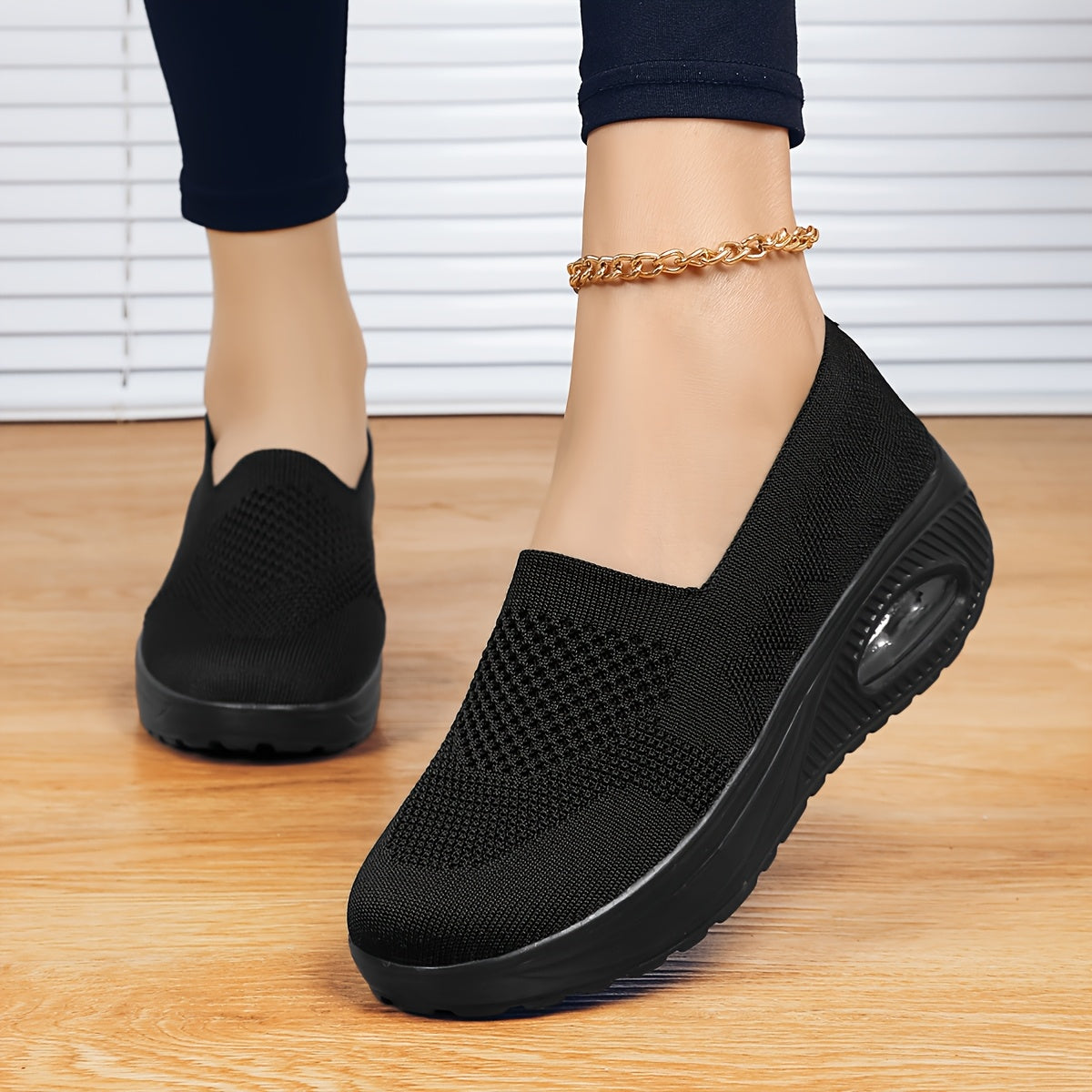 Women's Black Platform Sneakers with Air Cushion Breathable Fabric
