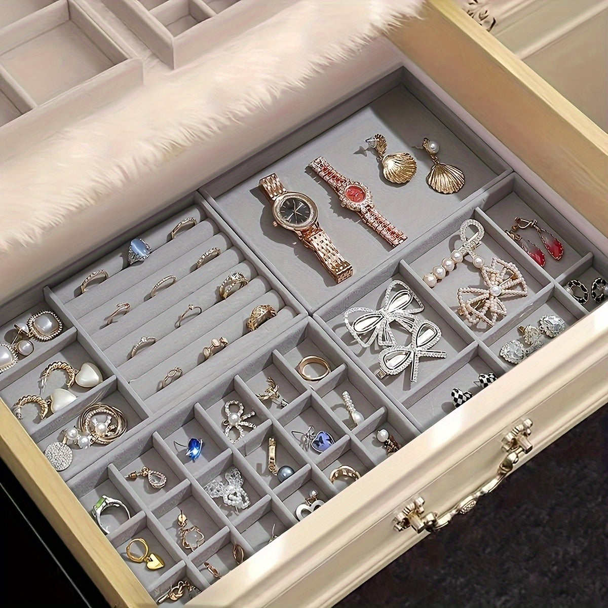 Jewelry Organizer Set with Velvet-Lined Tray and Compartments for Rings Earrings and Necklaces