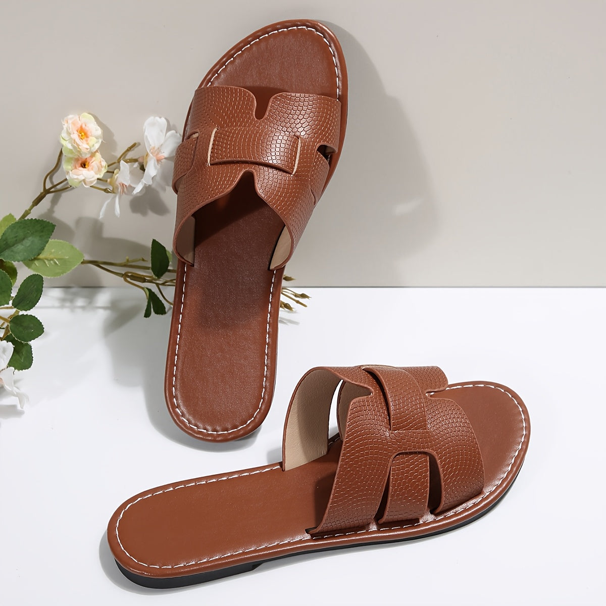 Women’s Casual Slide Sandals PU Open-Toe Flat Heel Brown White