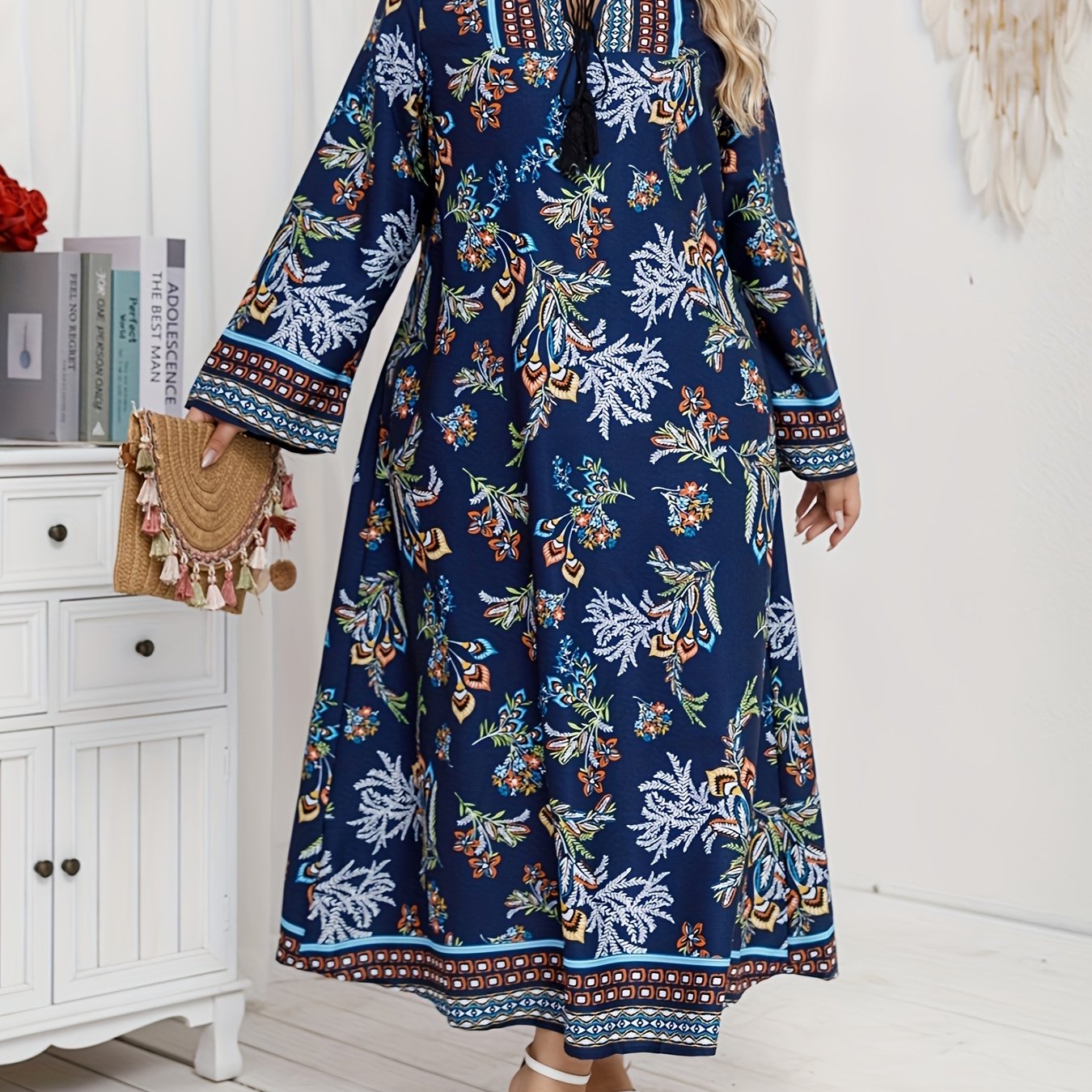 Plus Size Women's Loose Dress Middle Eastern Style Elegant Print Casual