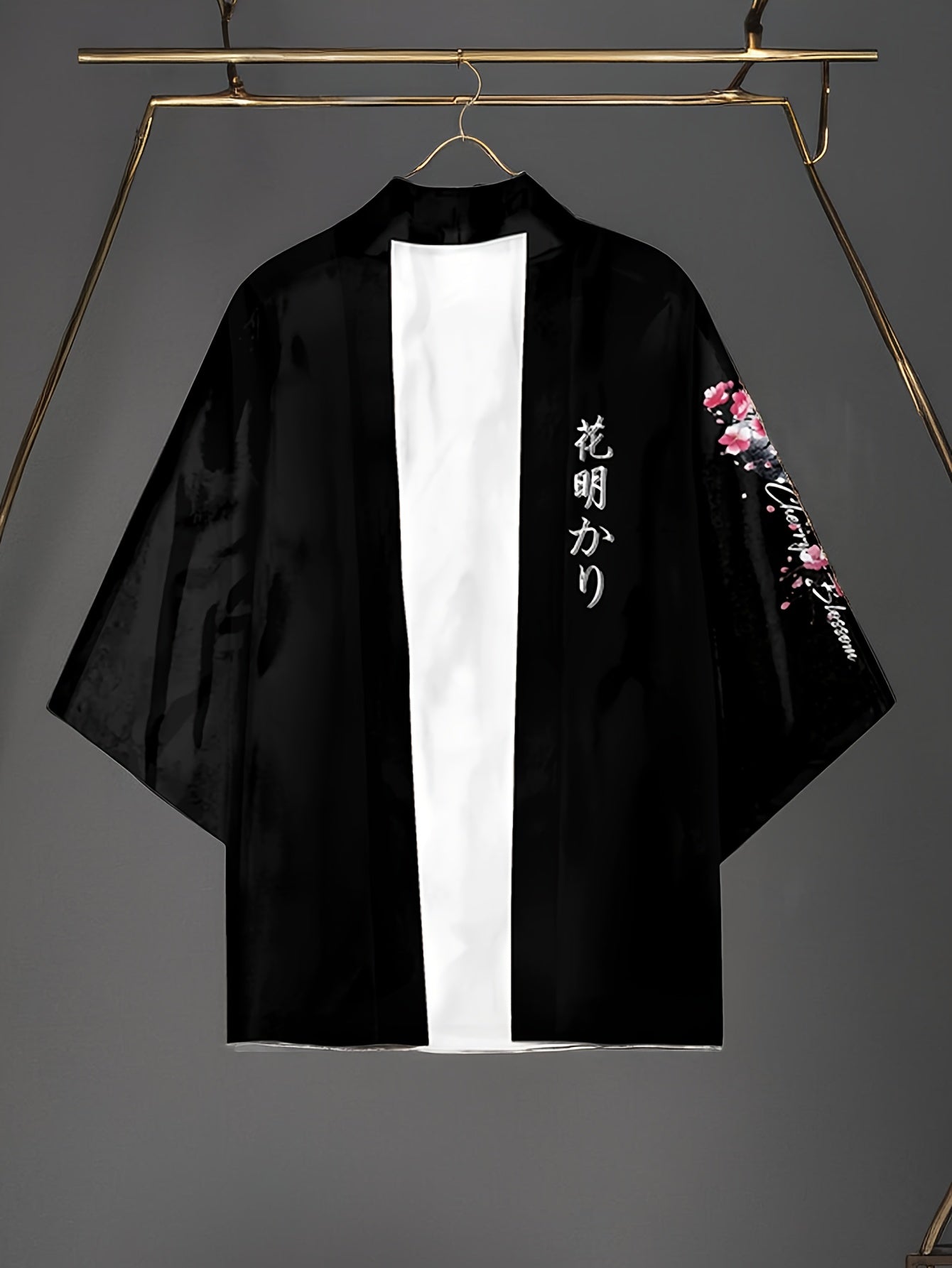 Men's Black Cherry Blossom Kimono Cardigan Open Front Floral Print Lightweight Polyester Casual
