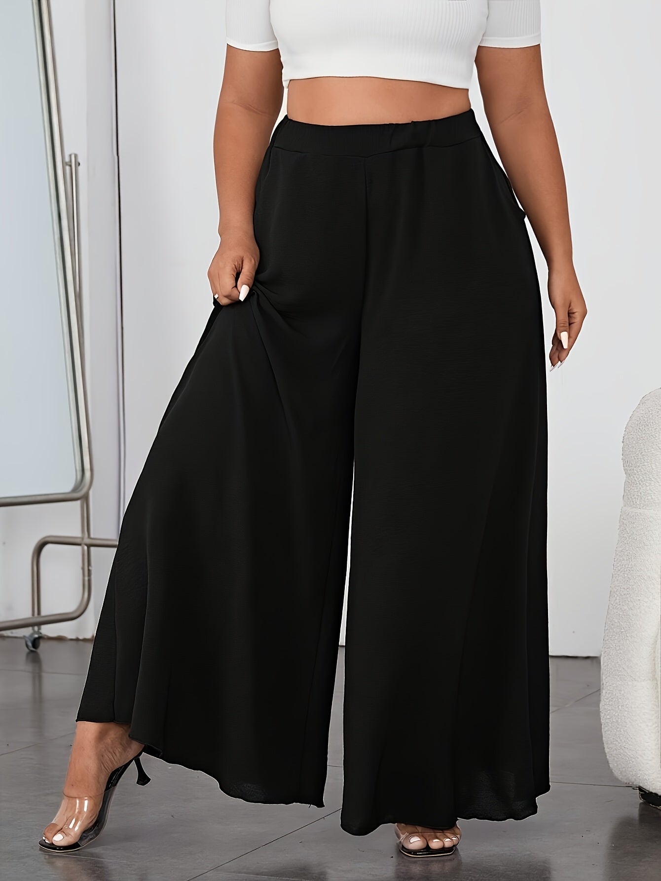 Women's Plus Size Wide Leg Pants Elastic Waist Solid Color Spring Summer