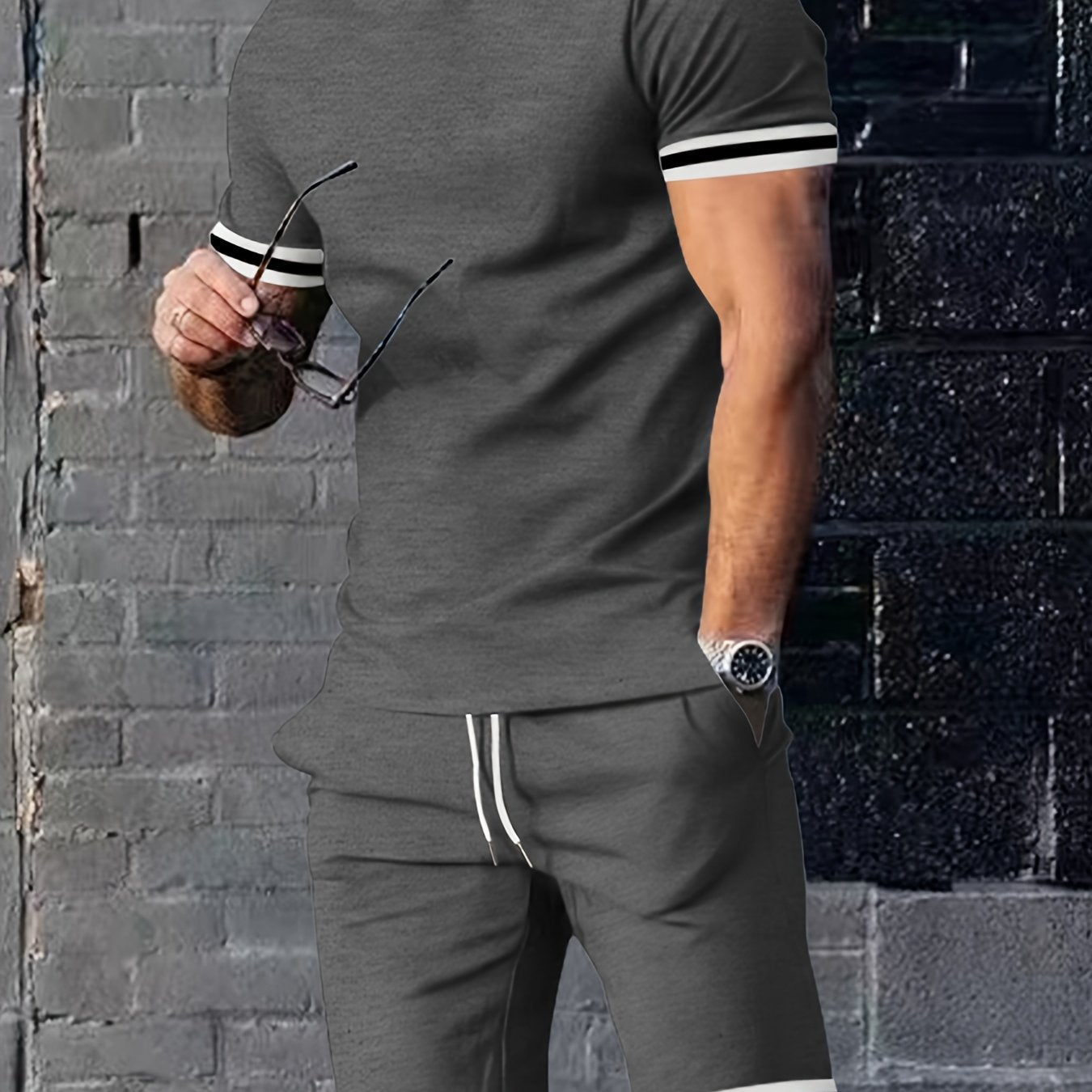 Men's Summer Sports Suit Short Sleeve Polyester Solid Color Casual Athletic Set