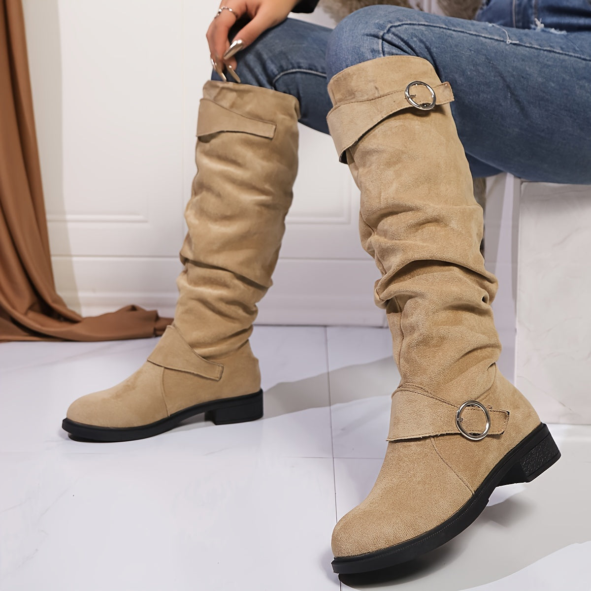 Women's Velvet Knee-High Boots with Buckle, Solid Color, Low Heel