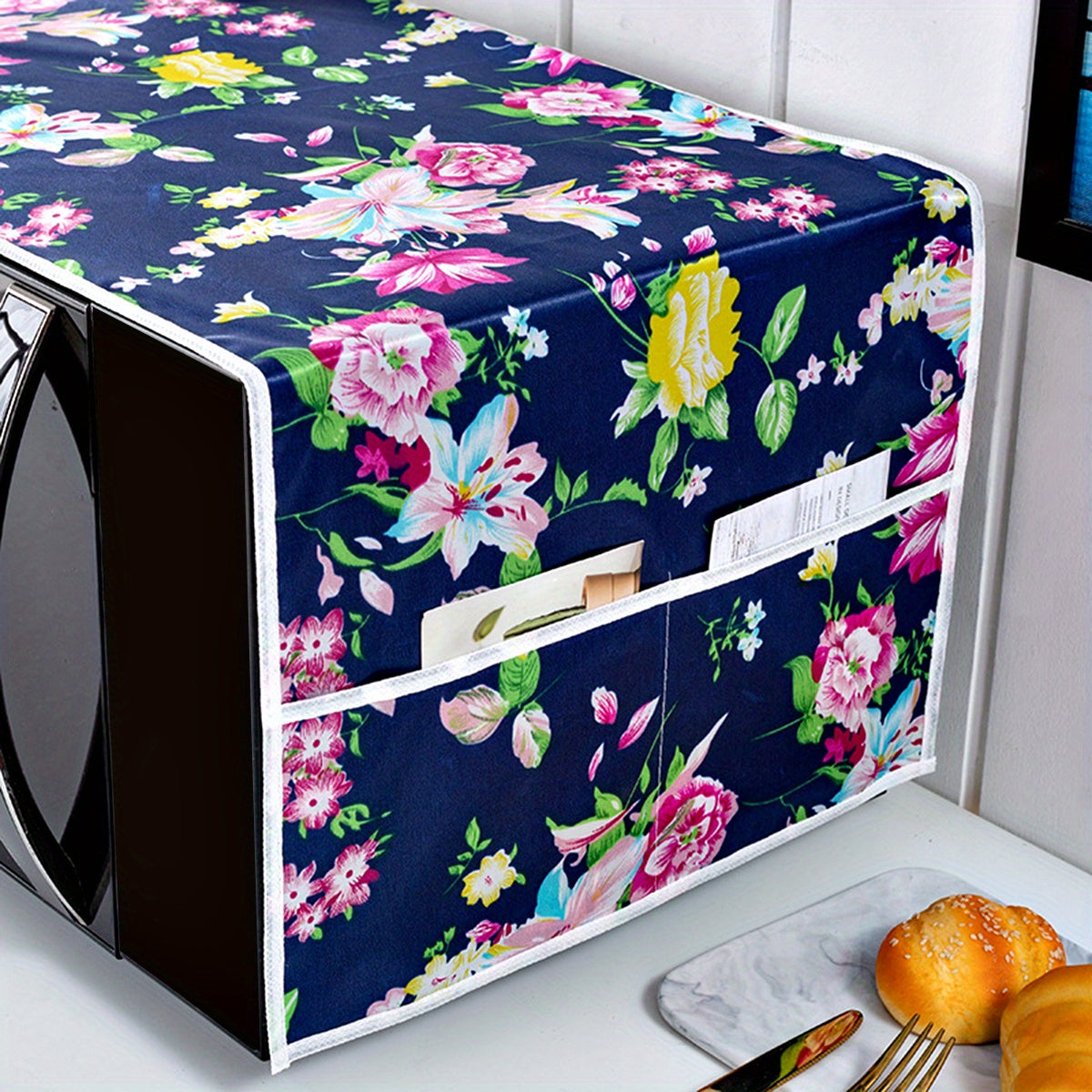 Cubierta de microondas con estampado floral y bolsillos, organizador de almacenamiento para cocina de 100cm