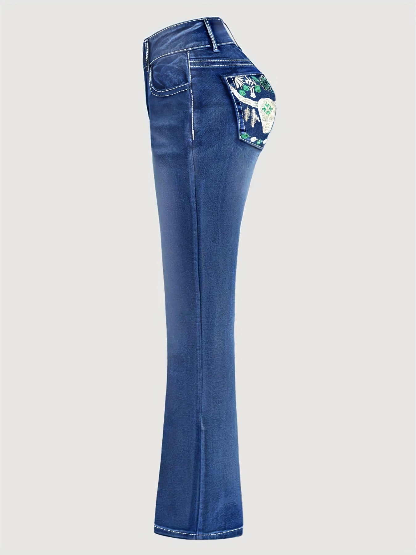 Women's High Stretch Denim Jeans Embroidered Cow Floral Flare Leg All-Season