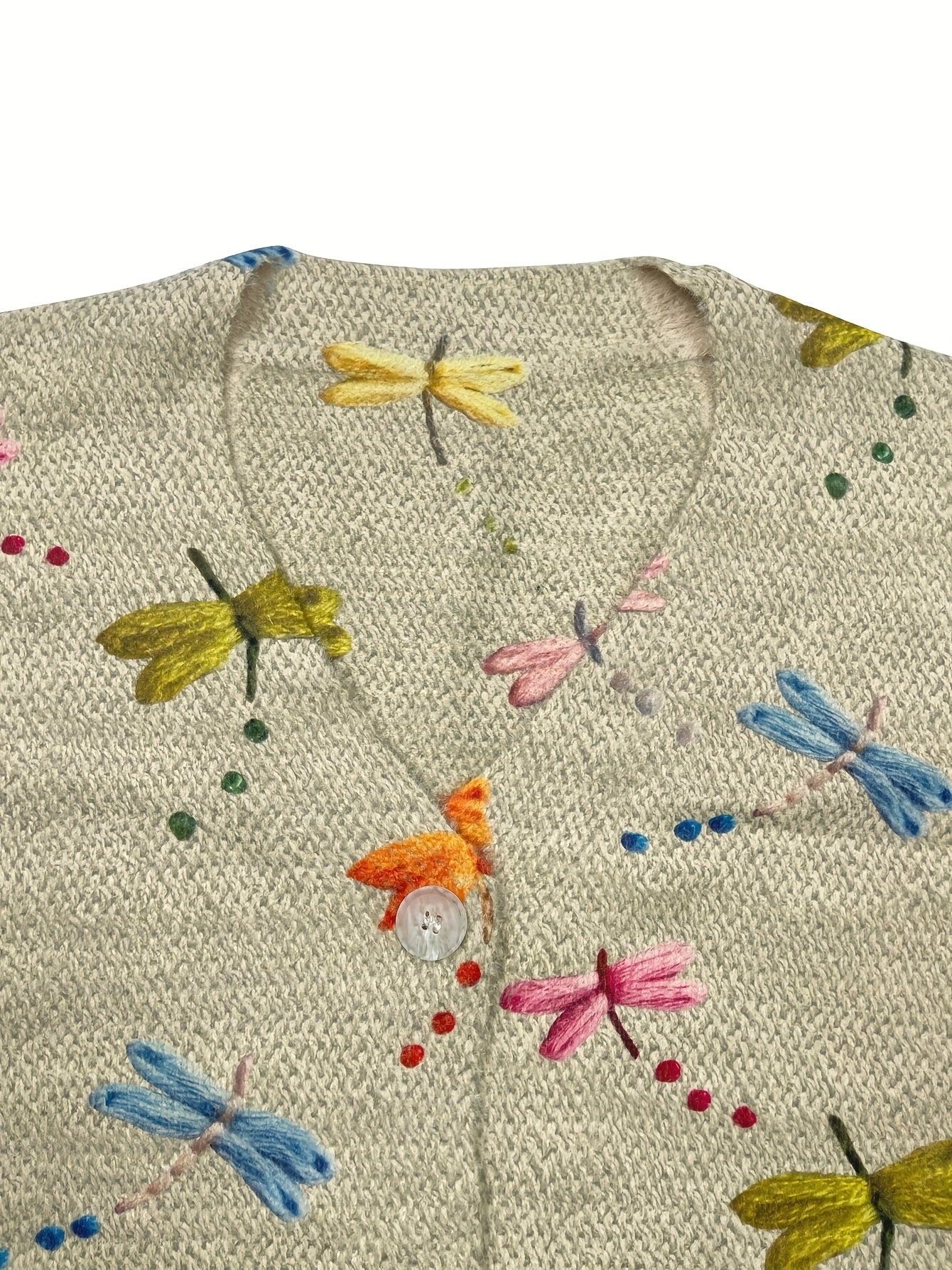 Plus Size Women's Printed Knitted Cardigan V-Neck Long Sleeve Colorful Dragonfly