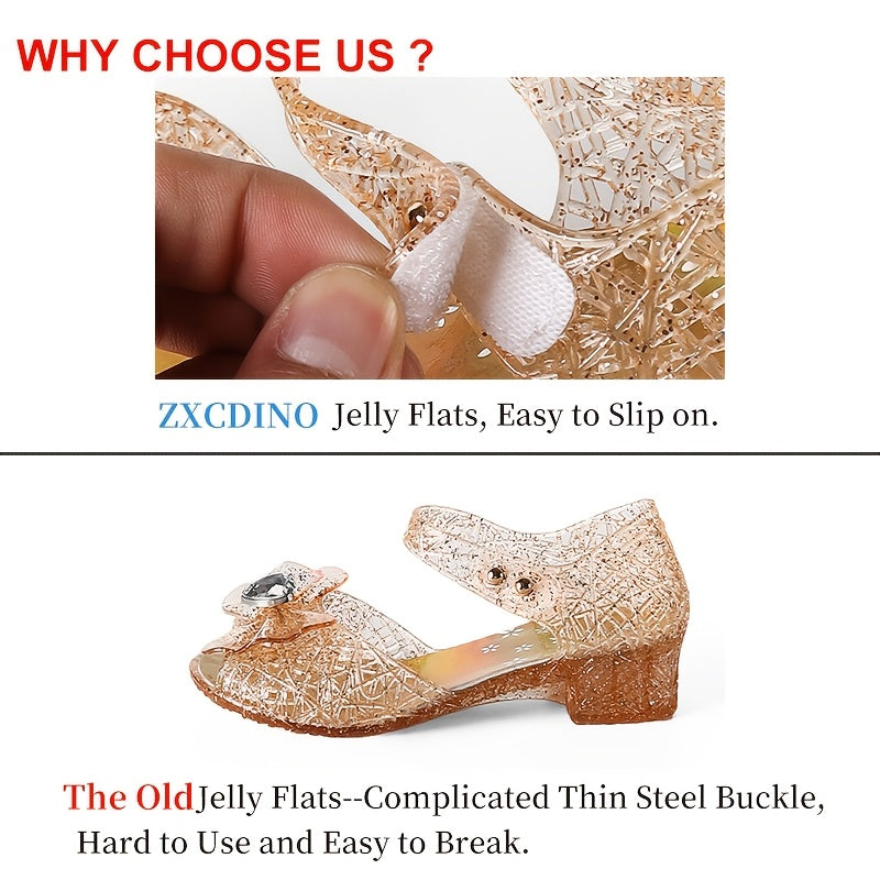 Girls' Sparkling Blue Crystal Sandals Mid Heel Breathable PVC for Parties and Daily Wear