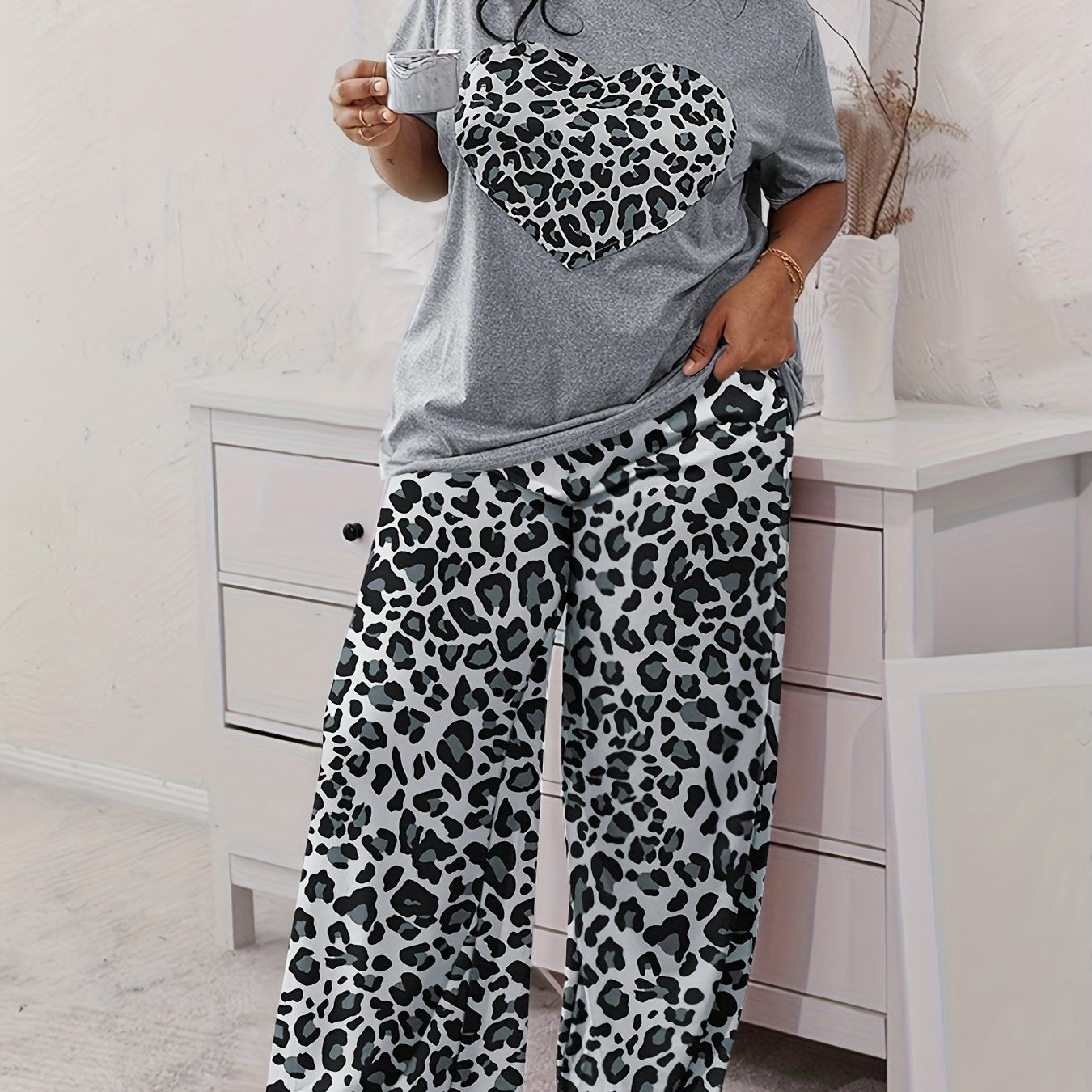 Women's Cotton Short Sleeve Nightgown and Leopard Print Pants Set