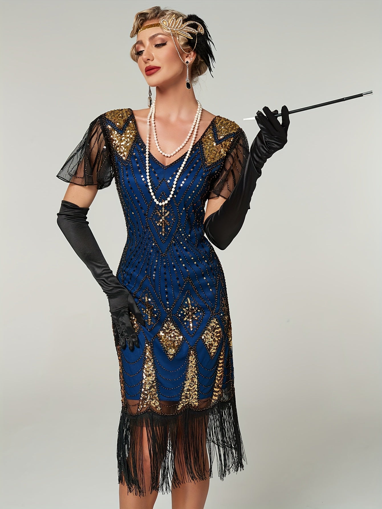 Women's Sequin Fringe Flapper Dress V-Neck Cocktail Gown Evening Wear