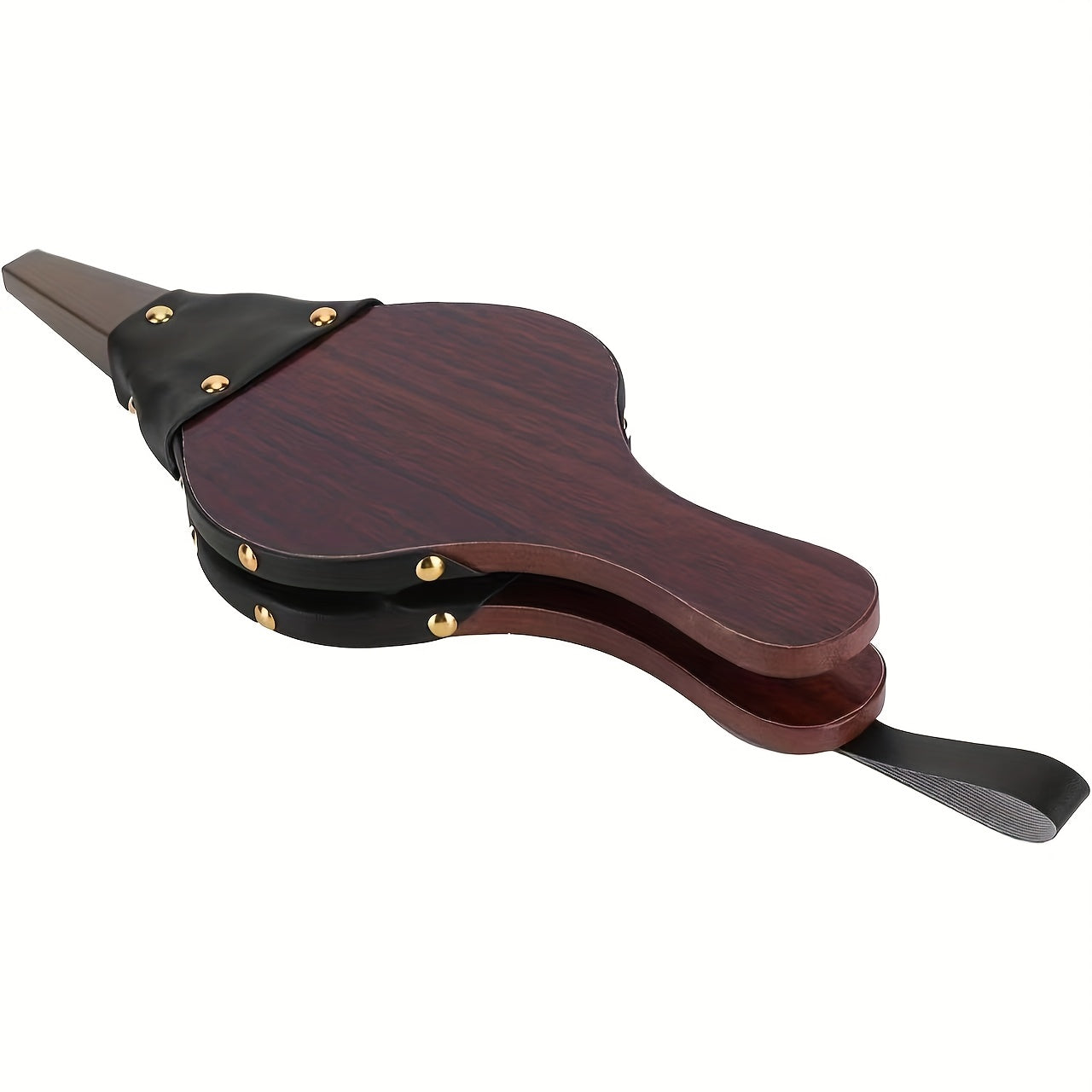 An'anaviy yog'och pechka puflagichi qora sun'iy charm aksentlari va mis qotishmalari bilan - olov pitlari, yog'och pechlar va sayohatlar uchun qo'l bilan tayyorlangan puflagich asbobi, osish halqasi bilan birga