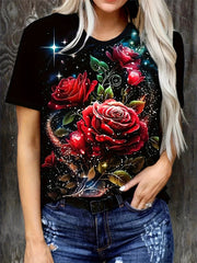 Plus Size Women's Floral Print T-Shirt Purple Roses Breathable Summer Top