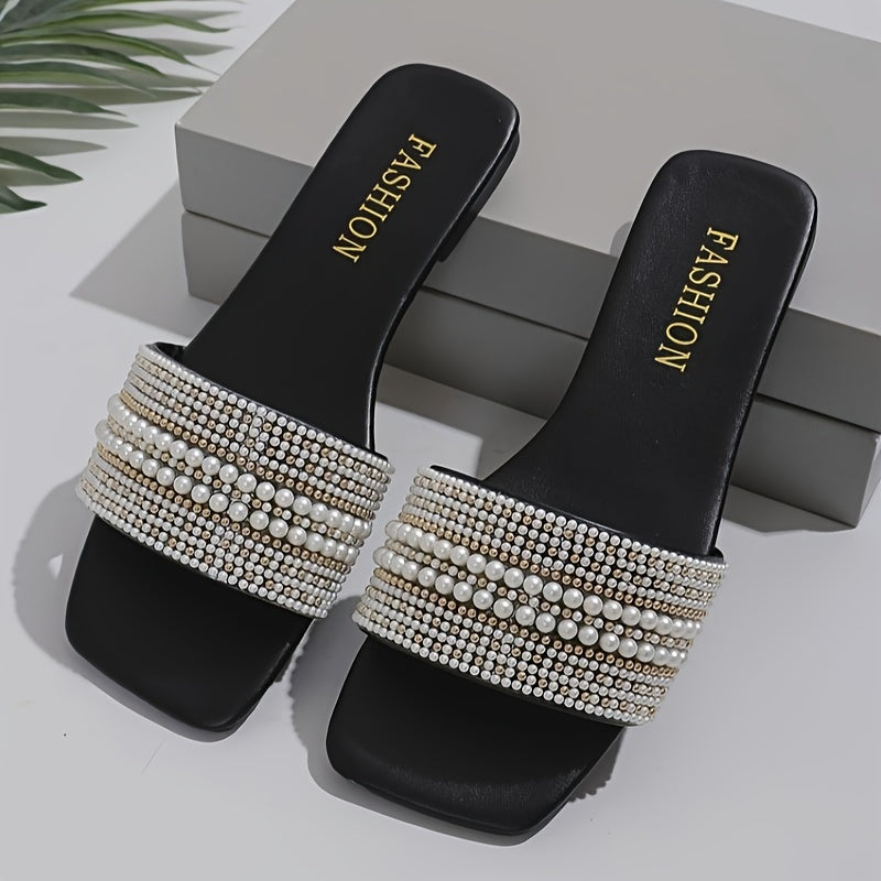 Women's Retro Open Toe Flat Slides Pearl Decoration Summer Lightweight Slippers