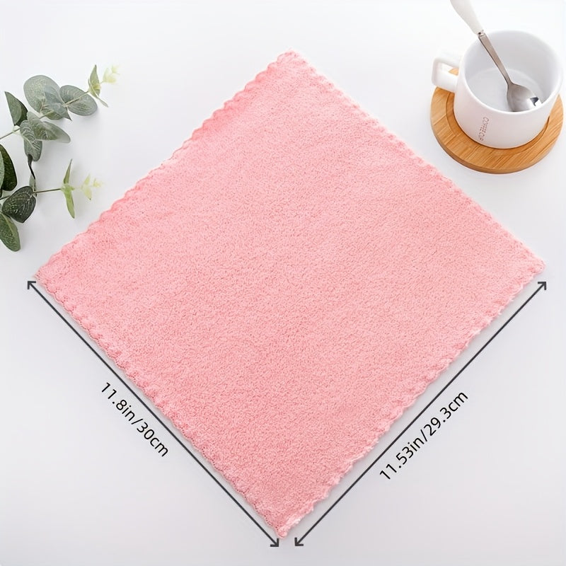 Set of 4 Coral Fleece Square Towels with Lace Trim, Soft Absorbent Kitchen Cloths