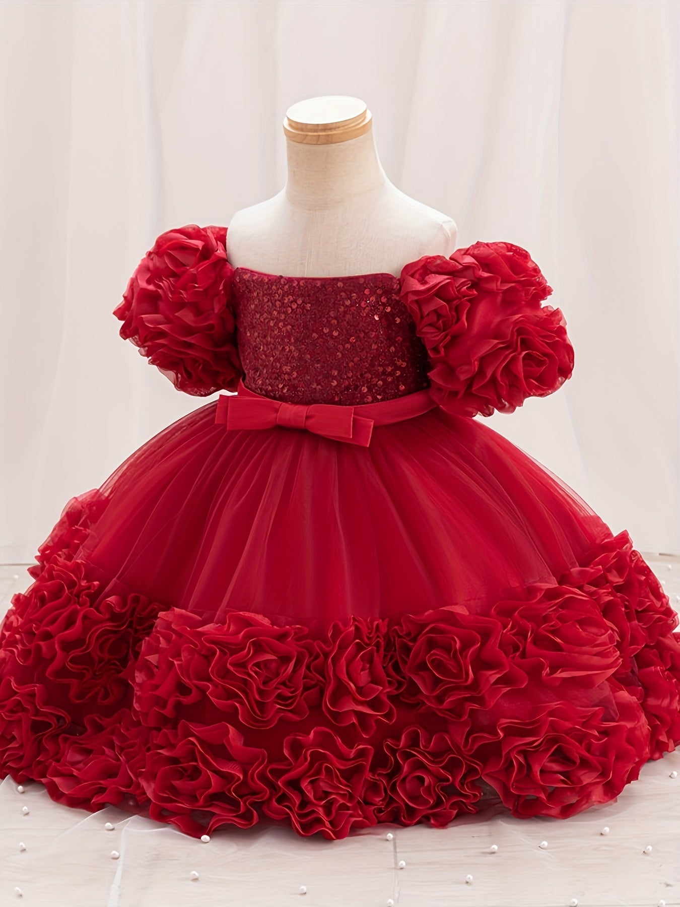 Girls Pink Princess Dress with Sequin Details Puff Sleeves Knee-Length for Pageants and Performances