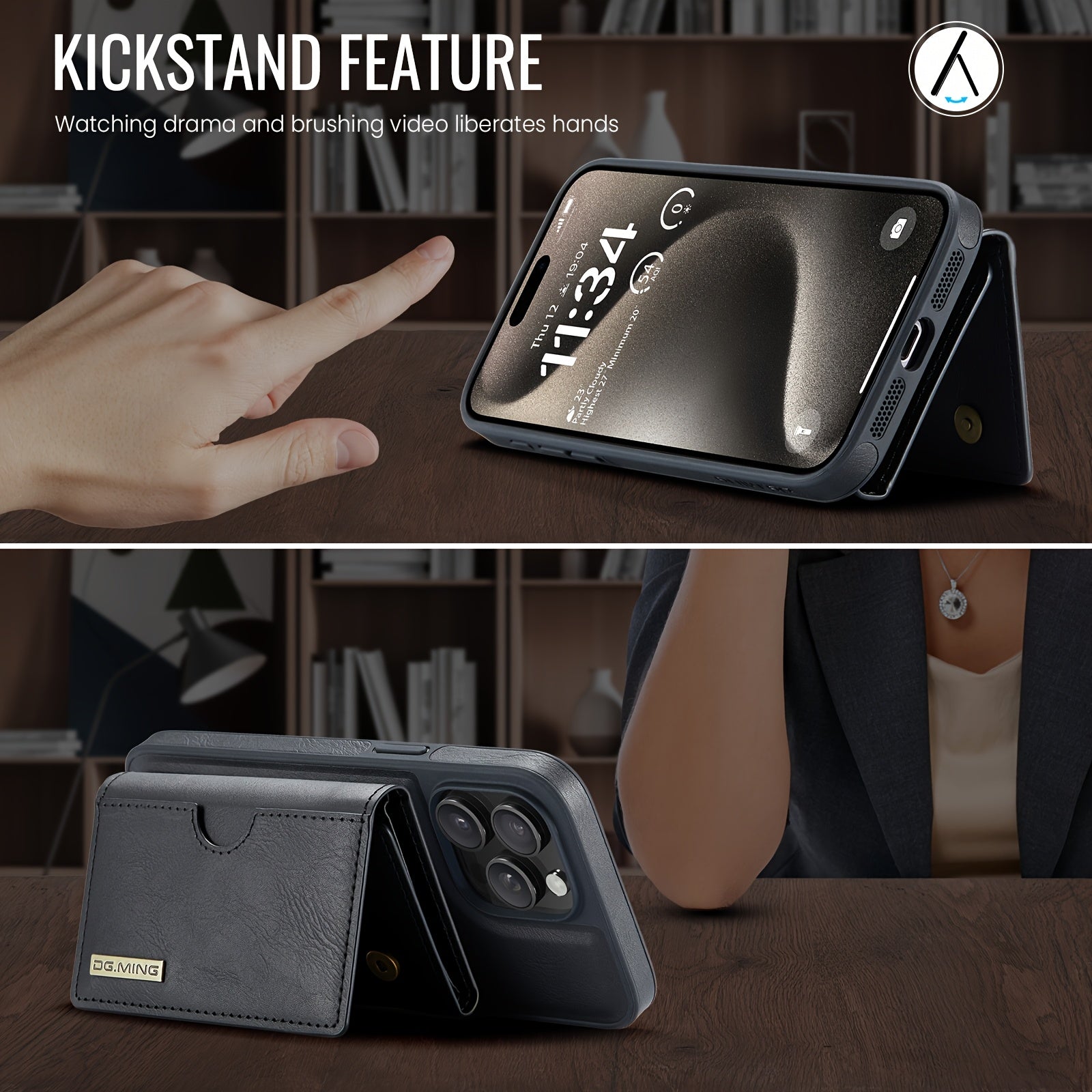 Magnetic Faux Leather Wallet Case for iPhone with Card Holder RFID Protection Wireless Charging Stand