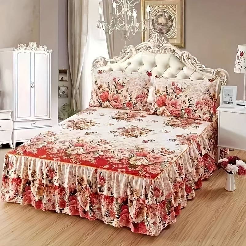 Contemporary Floral Bedding Set with Ruffle Skirt and Pillowcases Polyester Fiber Woven Active Printing