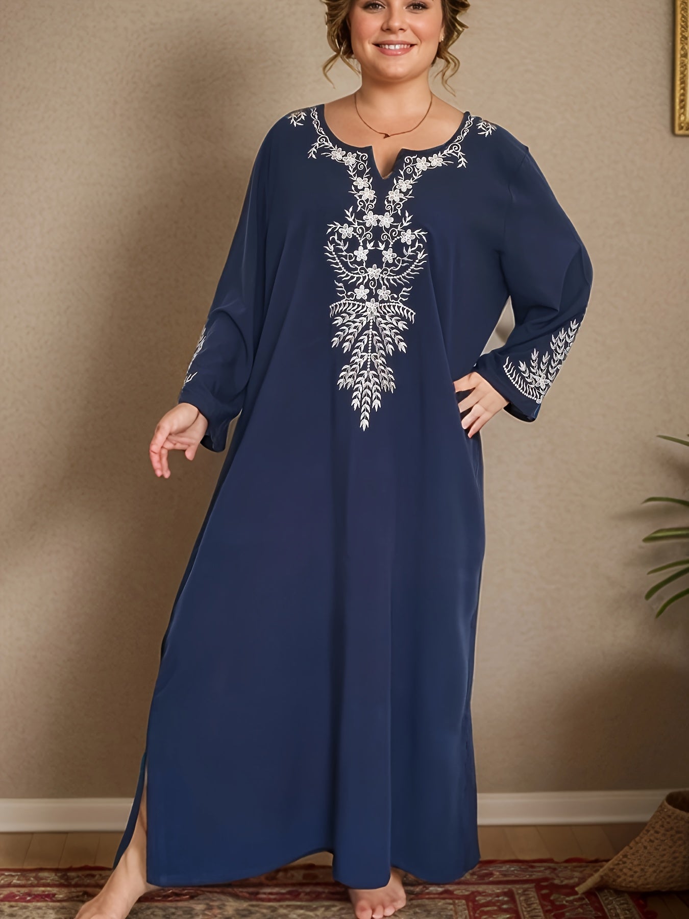 Women's Plus Size Black Blue Bohemian Floral Nightgown with 3/4 Sleeves