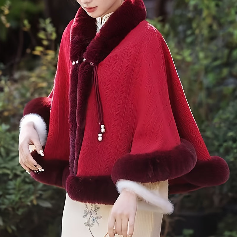 White Faux Fur Cape with Pearl Accents for Winter Elegant Shawl for Formal Occasions