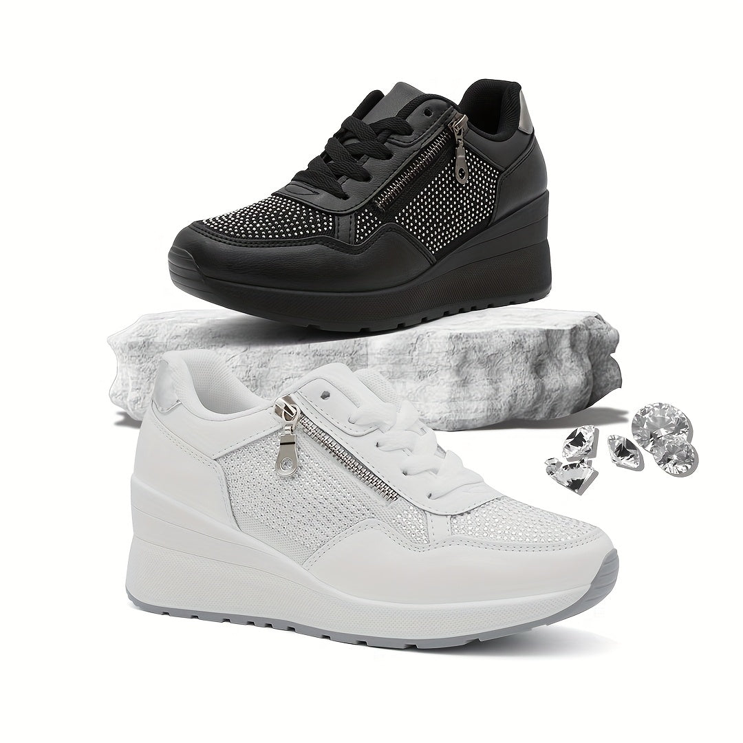 Ladies' Non-Slip Lace-Up Casual Sports Shoes with Zipper and Sequins