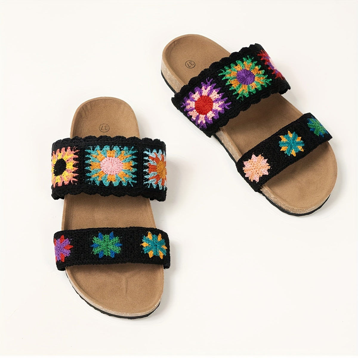 Women's Knitted Floral Flat Slippers Non-Slip Open-Toe Large Size Shoes